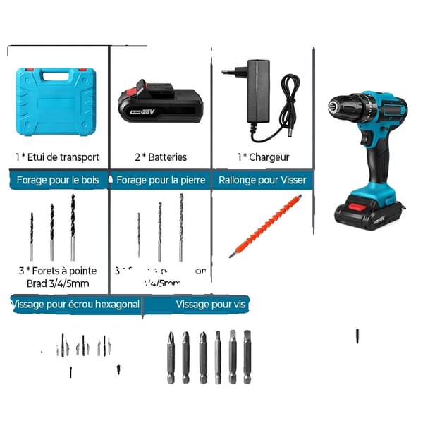 21V Trådløs Boremaskine, Høj Hastighed 1600rpm, Inkluderer 2 Batterier,2 Batteri, EU