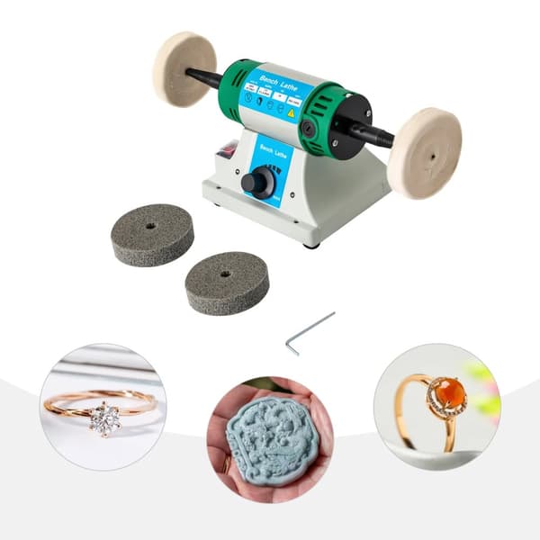 Bänk Smyckespolerare, Justerbar Hastighet 800-10000RPM, Inkluderar Tyg- och Fiberhjul,Vit-Grön