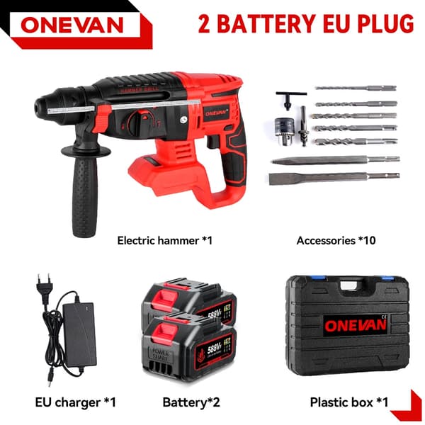 Trådløs borehammer, børsteløs motor, genopladeligt 588VF batteri, 2 Batteri EU-stik