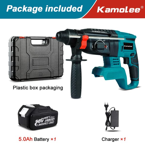 Kamolee Rotary Hammerbor, 5.0Ah Batteri Inkluderet, Oplader Inkluderet,EU, 1x5.0Ah Plastik