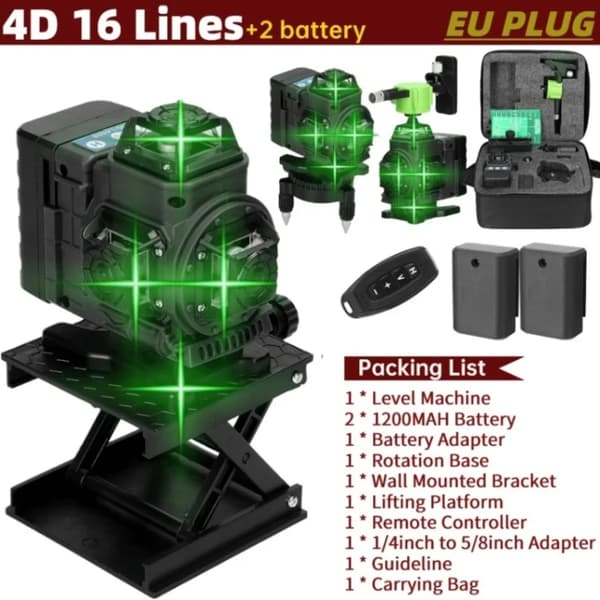 Grønt Lys Laser Niveau, Selvnivellerende, Lithium Batteri, 4D 16 linje TYPE C