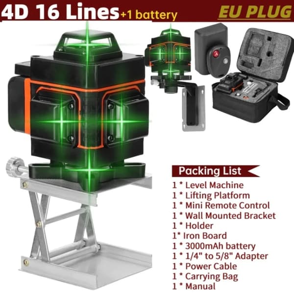 Grønt Lys Laser Niveau, Selvnivellerende, Lithium Batteri, 4D 16 linje TYPE H