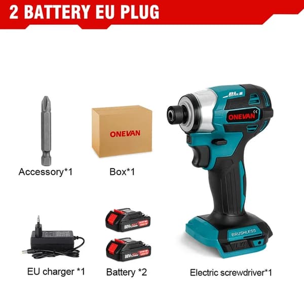 Elektrisk skruvdragare, borstlös motor, trådlös och uppladdningsbar., 2 Batteri EU-kontakt