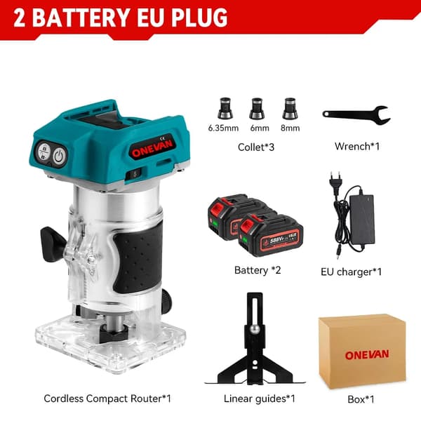 Trådlös träfräs, 5 hastighetsinställningar, 1600W borstlös motor,2 Batteri EU-kontakt