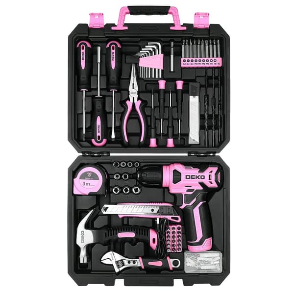 Verktygskombinationssats, 8V Sladdlös Borrmaskin, Nyckellös Chuck, 126 Delar,Rosa