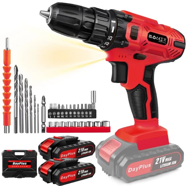21V Batteridrill, 25+1 Momentindstillinger, 45 Nm Maks. Moment, LED Lys,Rød med 2x Batteri