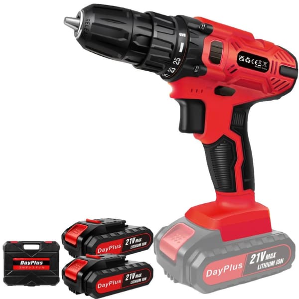 21V Batteridrill, 25+1 Momentindstillinger, 45 Nm Maks. Moment, LED Lys,Rød med 2x Batteri