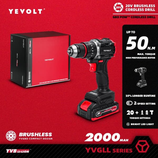 Trådløs boremaskine, børsteløs motor, 20+3 momentindstillinger, LED arbejdslys,YVGBD20DU3P2x1
