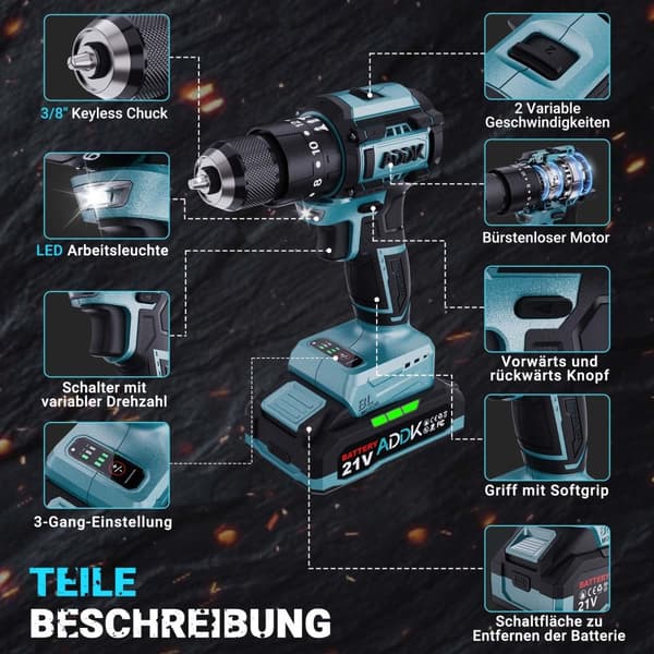 Batteridrevet Boremaskine Sæt, 21v Lithium Batteri, 3 Hastighedsindstillinger,EU