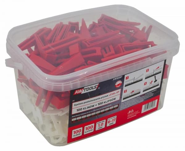 AWTOOLS FLISEUDJÆLNINGSSYSTEM NIVELLER OP 1,0 mm - 6-17 mm - KLIP 100 stk. + KILE 100 stk.