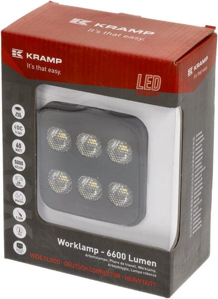 LED-arbejdslampe, firkantet 60W 6600lm 12/24V, hvid, 92x109,5x51,1 mm diffust lys med Deutsch-stik, 12 LED LA10830