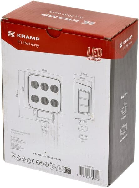 LED-arbejdslampe, firkantet 60W 6600lm 12/24V, hvid, 92x109,5x51,1 mm diffust lys med Deutsch-stik, 12 LED LA10830