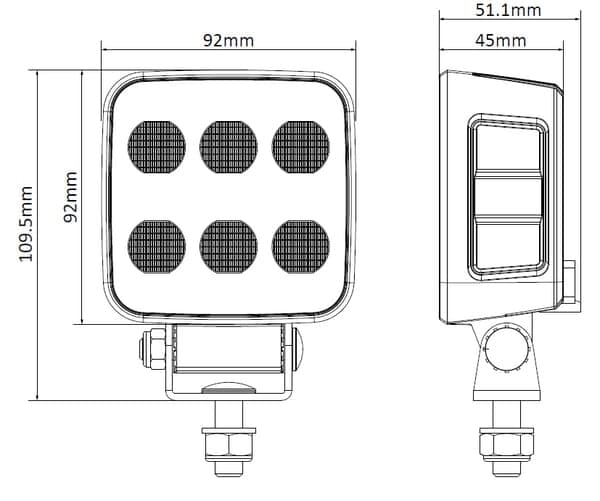 LED-arbejdslampe, firkantet 60W 6600lm 12/24V, hvid, 92x109,5x51,1 mm diffust lys med Deutsch-stik, 12 LED LA10830