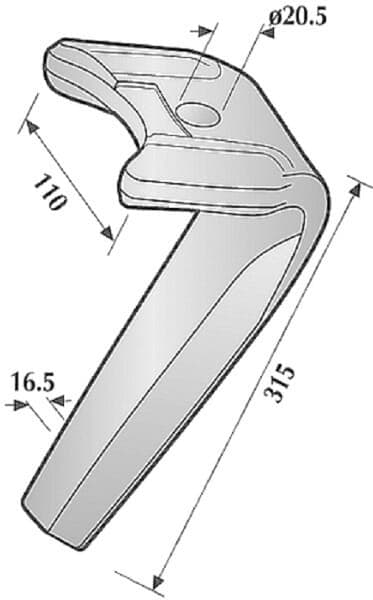 Rotorharvspinn, vänster, L=318 mm lämplig för Kuhn, Kramp KE0709