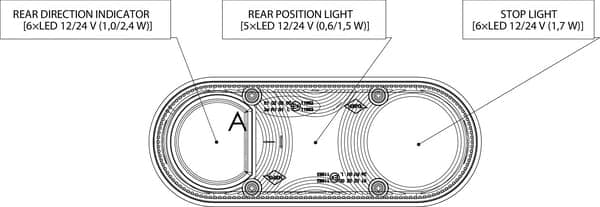 LED-baglygte, venstre rektangulær, 12/24V rød/orange 205x53,6x80 mm gopart LA45007