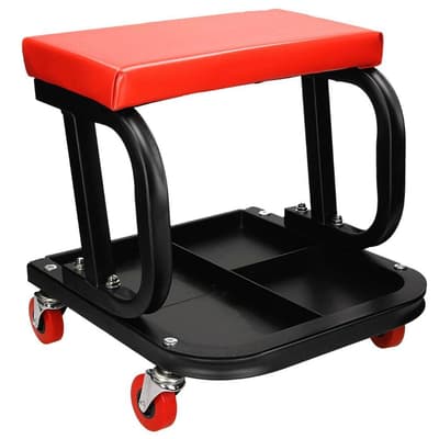 ECD Germany Mekanisk verkstadspall med låda - mobil - tillverkad av stål - max. 150 kg - med 4 hjul och mjuk sittplatta - verkstadsstol verkstadsstol