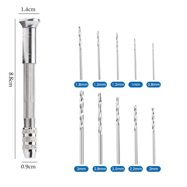 Handborr med 10 borrar från 0.8-3mm till hobby, pyssel, smycken