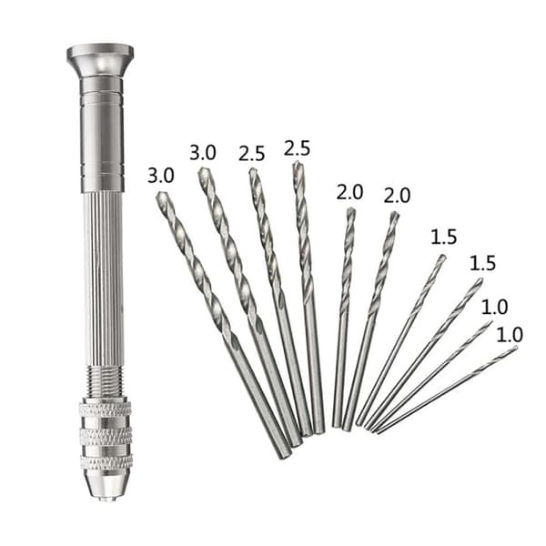 Handborr med 10 borrar från 0.8-3mm till hobby, pyssel, smycken