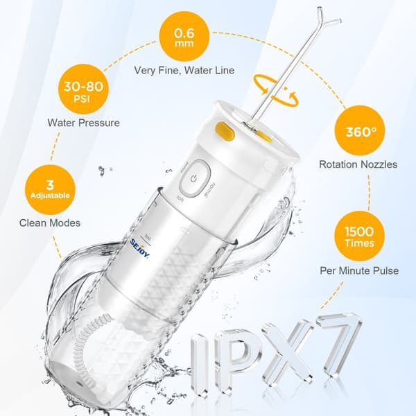 Oral irrigator, 3 driftsformer, genopladeligt batteri, IPX7 vandtæt,HVID