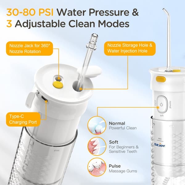 Oral irrigator, 3 driftsformer, genopladeligt batteri, IPX7 vandtæt,HVID