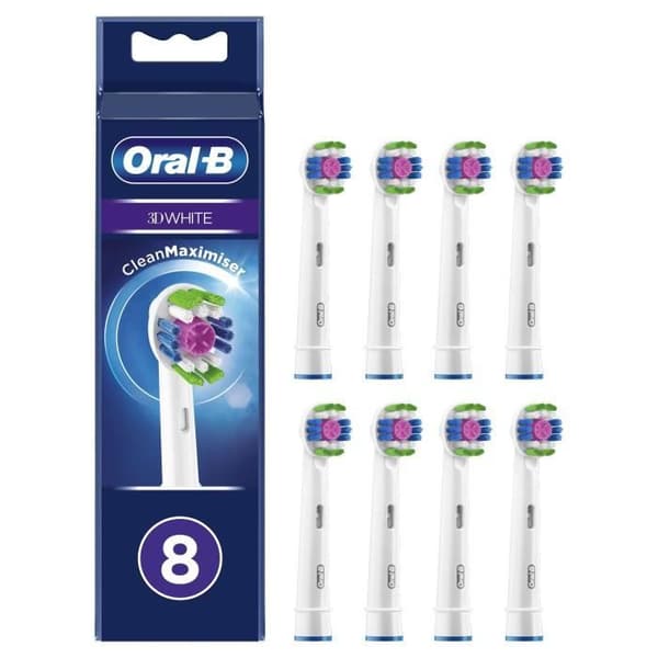 Oral-B 3D White Clean Maximiser ersättningsborsthuvuden, elektrisk tandborste, plackborttagning, 8-pack