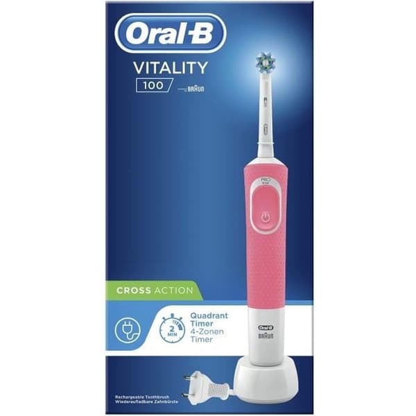 Oral-B Vitality 100 uppladdningsbar elektrisk tandborste med 1 handtag, 1 CrossAction borsthuvud, rosa, 2D rengöringsåtgärd