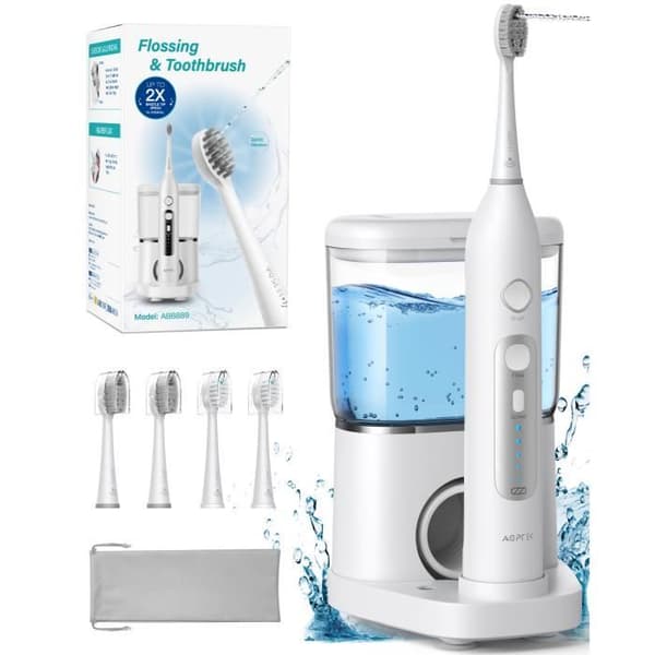AGPTEK vattentråd och elektrisk tandborste Combo, Portable Dental Jet 5 lägen, 14 dagars batteritid, 500 ml, vattentät IPX7