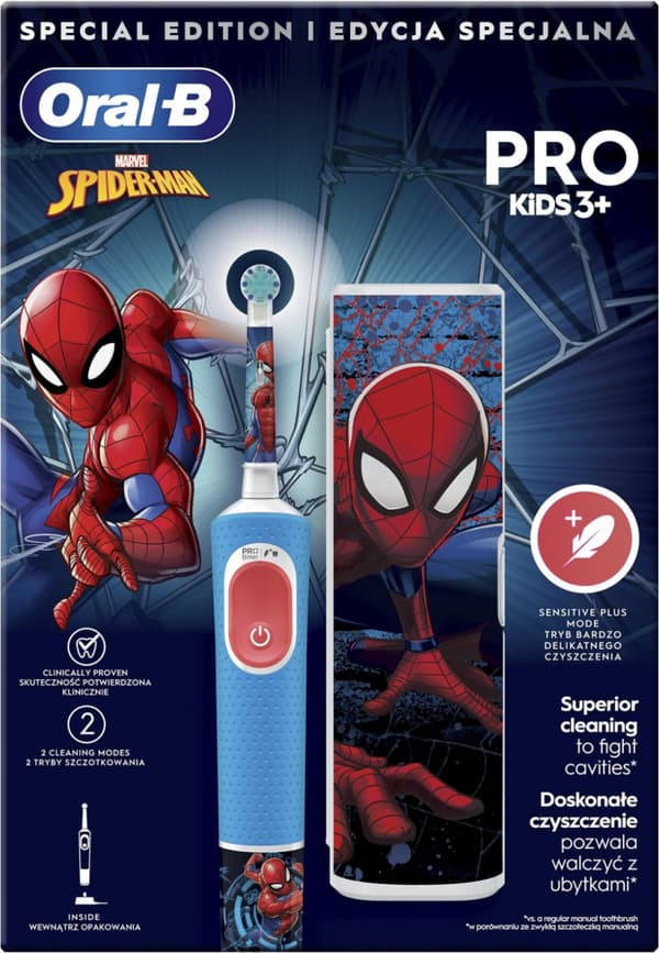 Oral-B | Vitality PRO Kids Spiderman | Elektrisk tandbørste med rejsetaske | Genopladeligt | For børn | Blå | Antal bru