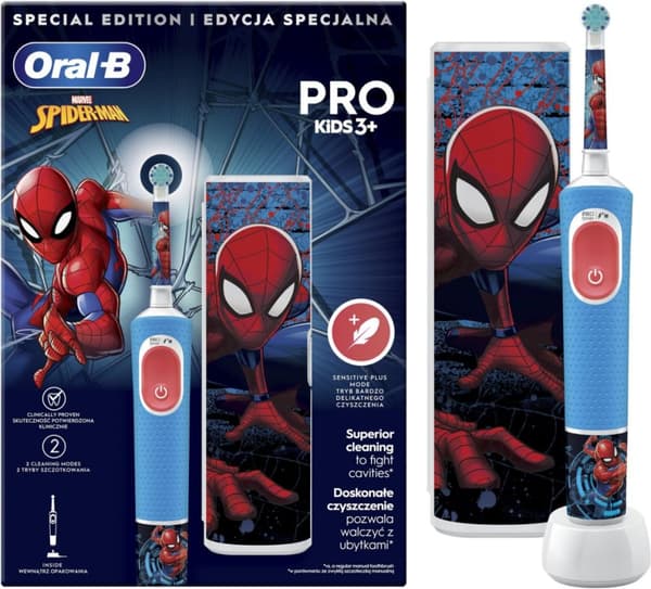 Oral-B | Vitality PRO Kids Spiderman | Elektrisk tandbørste med rejsetaske | Genopladeligt | For børn | Blå | Antal bru