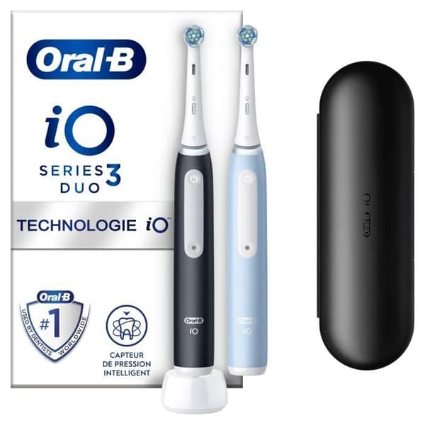Oral-B iO 3-pack med 2, svarta och blå elektriska tandborstar, 2 borsthuvuden, 1 resväska