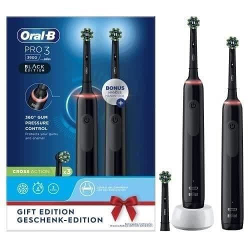 Oral-B Pro 3 3900 elektrisk tandborste - Set med 2 - 2 svarta handtag - 3 borsthuvuden - Designad av Braun