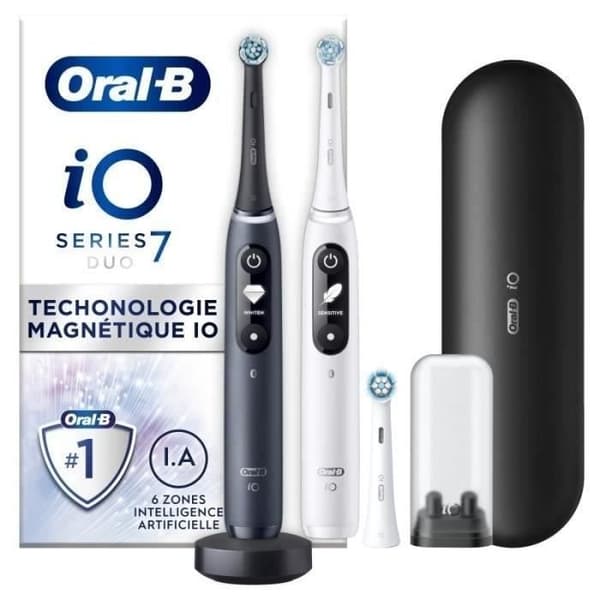 Oral-B iO 7 Oral-B iO 7 paket med 2, svarta och vita elektriska tandborstar, 3 borsthuvuden, 1 resväska