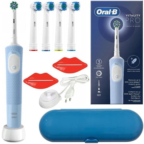 Oral-B Vitality Pro D103 Blå elektrisk tandborste + blått fodral + 4 ersättningstandborstspetsar
