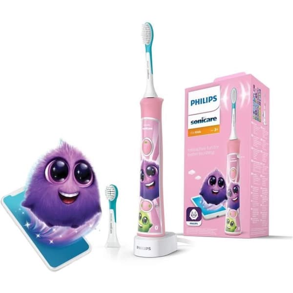 PHILIPS SONICARE HX6352/42 ansluten elektrisk tandborste för barn (2 lägen 3+ och 7+ - Rosa) + 2 borsthuvuden