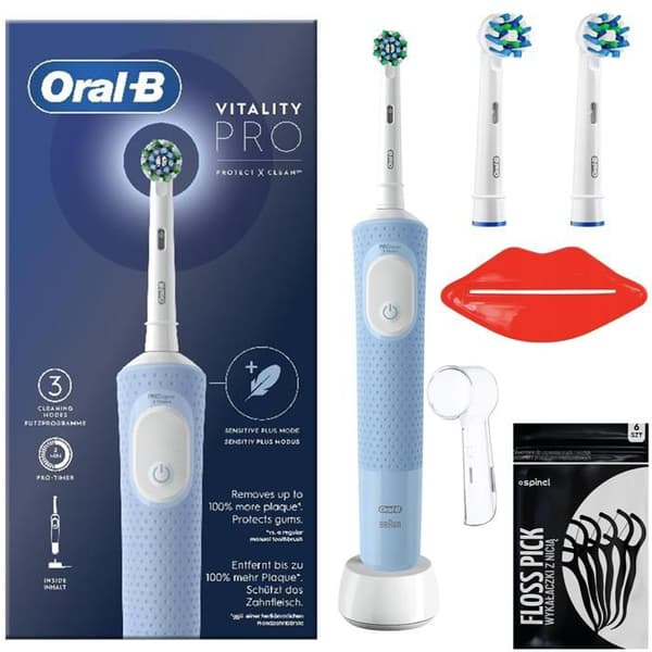 Oral-B Vitality Pro D103 Blå elektrisk tandborste + 2 Oral-B CrossAction EB50AB borsthuvuden