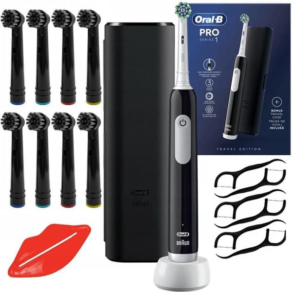 Elektrisk tandborste - Oral-B - Pro 1 Black - 3 borstningslägen - Transportväska - 8 svarta borsthuvuden