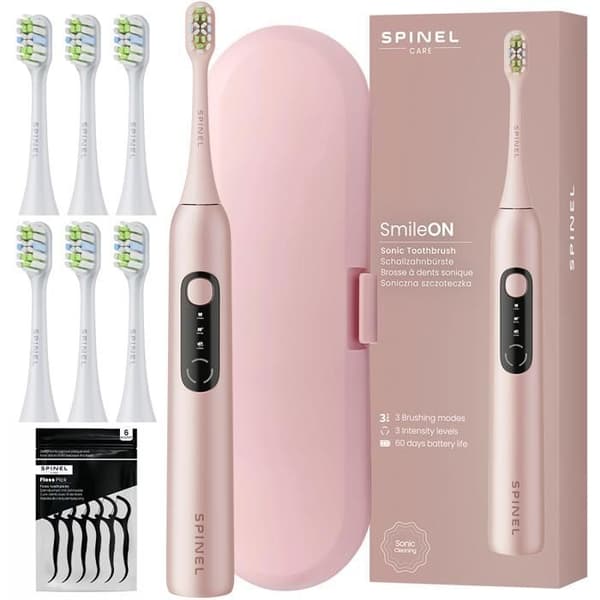 SmileON Spinel Care Elektrisk Tandborste Sonic – 3 Lägen, 6 Huven, Resväska, USB-C – Rosa