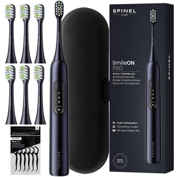SmileON PRO Spinel Care Elektrisk Tandborste Sonic – 3 Läge, 6 Huvar, Resväska, USB-C – Svart