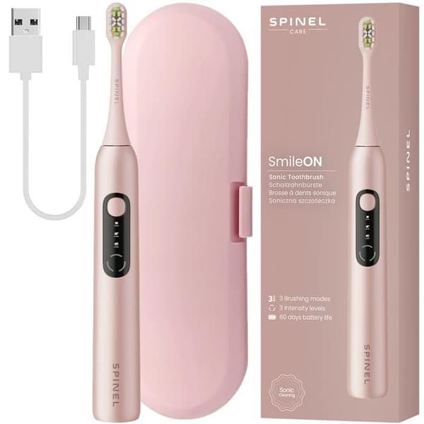 SPINELCARE SmileOn ENSEMBLE AV TANDBORSTAR FÖR SONISK RENGÖRING ROSA 3 LÄGEN + FODRAL