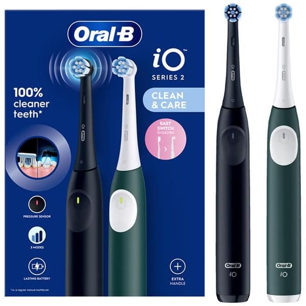 Oral-B iO 2 Duo Tandborstar För Vuxna, Svart och Skoggrön, 3 Rengöringslägen, Skonsam Mot Tandköttet