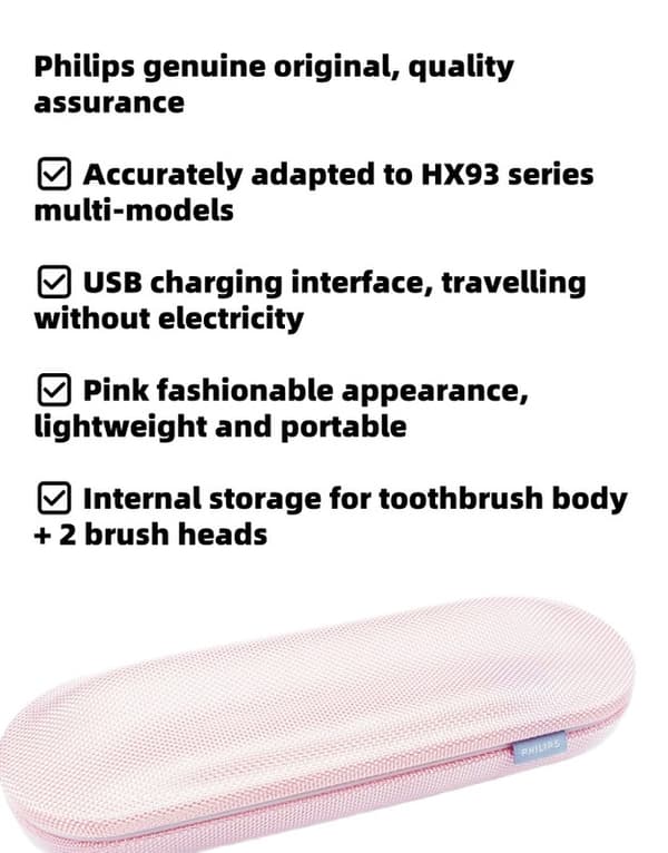 Philips Original Rosa Laddningsbart Reseetui | Passar HX9340/HX9350/HX9370/HX9352/HX9362 – Med USB-laddning