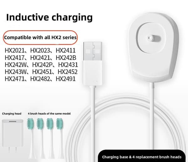 Kompatibel med Philips HX2-seriens opladningsbase + opladningshoved + sæt med 4 børstehoveder (velegnet til hx2471/hx2421 osv.)
