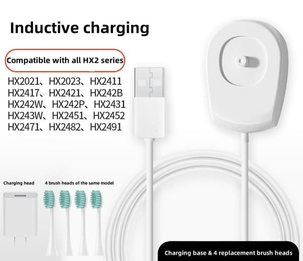 Kompatibel med Philips HX2-seriens opladningsbase + opladningshoved + sæt med 4 børstehoveder (velegnet til hx2471/hx2421 osv.)