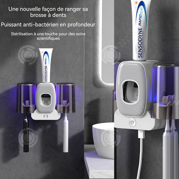 INN USB-tandborstesterilisator-tandborsthållare med 4 platser och 2 koppar och automatisk tandkrämsdispenser