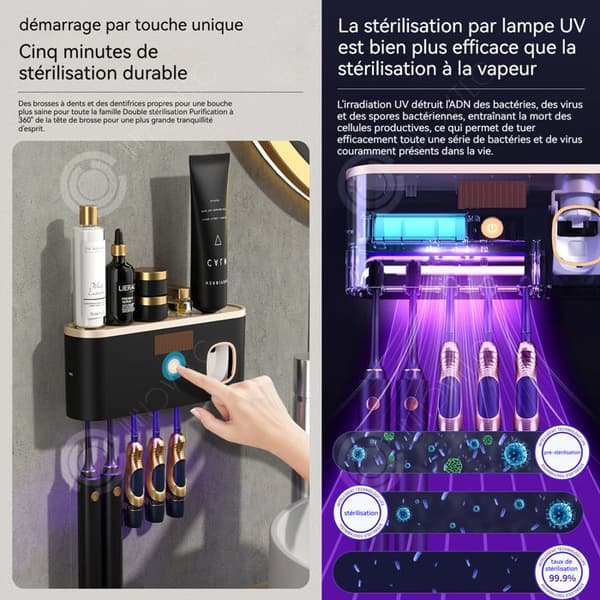 INN Tandborstesterilisator 1200mAh 6x9x22cm Automatisk tandkrämsdispenser Tandborsthållare med 5 fack