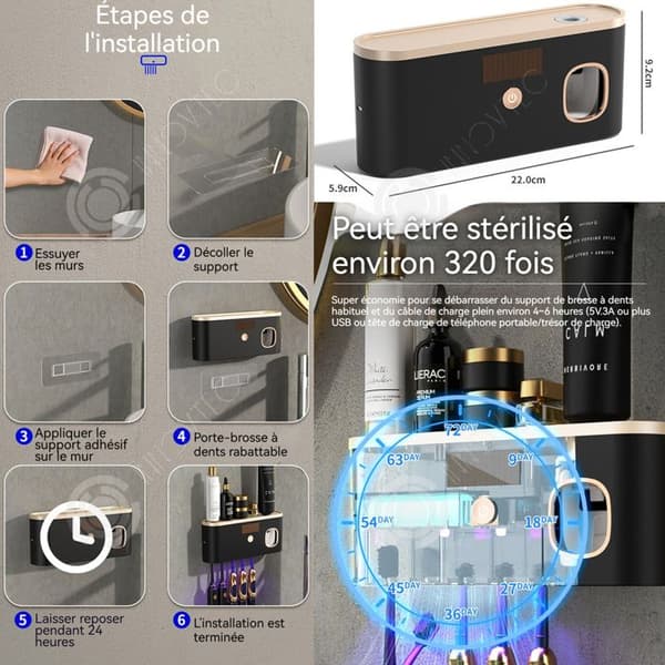 INN Tandborstesterilisator 1200mAh 6x9x22cm Automatisk tandkrämsdispenser Tandborsthållare med 5 fack