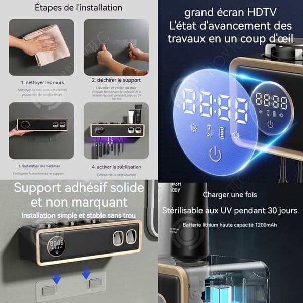 INN LCD-tandborstesterilisator 2 automatisk tandkrämsdispenser Tandborsthållare med 6 fack och 3 koppar