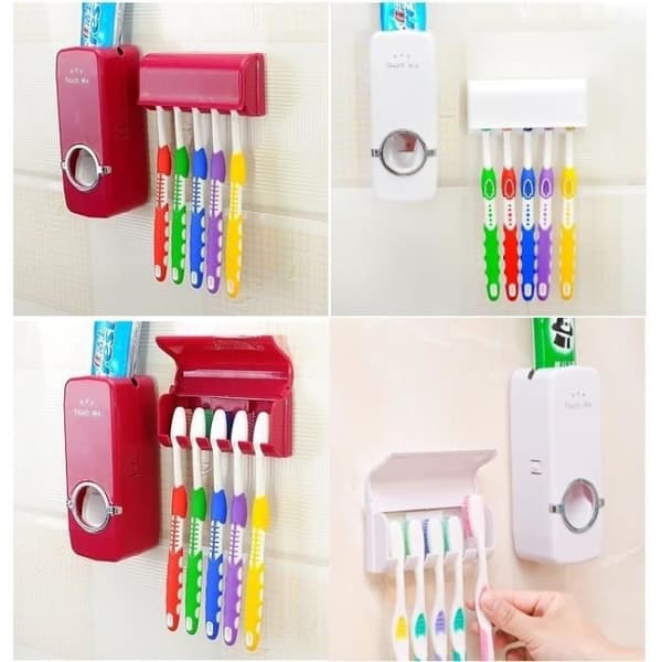 Tandkrämdispenser - TOOTHPASTEDISPENSER-R - Röd - 5 tandborsthållare - Väggmontering - PP
