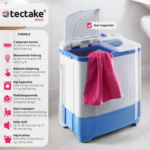 Mini vaskemaskine med 4,5 kg. vask og 3,5 kg. centrifugering - hvid