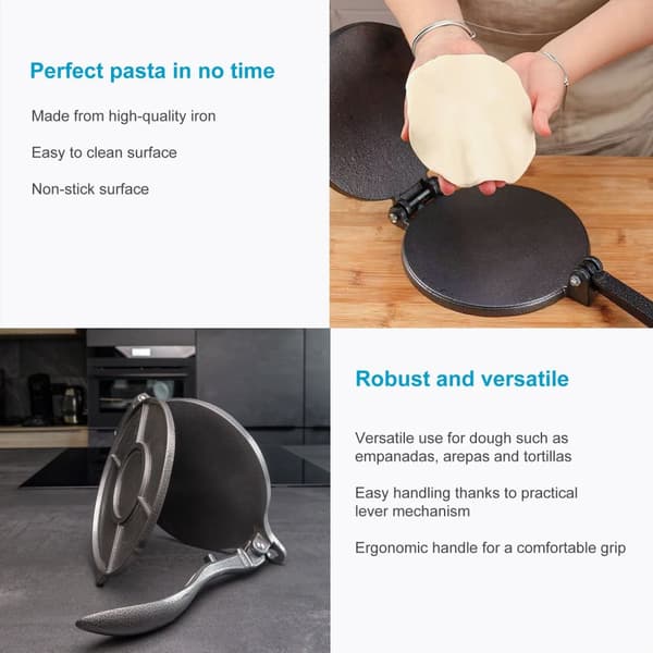 Handy Tortilla Press Empanada Press tillverkad av järn i Svart - 18 cm i diameter - För formning av pasta, t.ex. plattbröd, pizzadeg, tortillas o.d.
